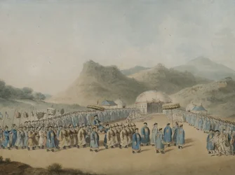 A aproximação do imperador da China à sua tenda na Tartária para receber o embaixador britânico, 1799 (wc on paper)
